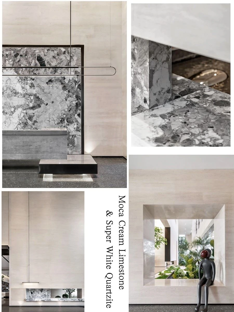 Moca Cream Limestone and Super White Quartzite Stone